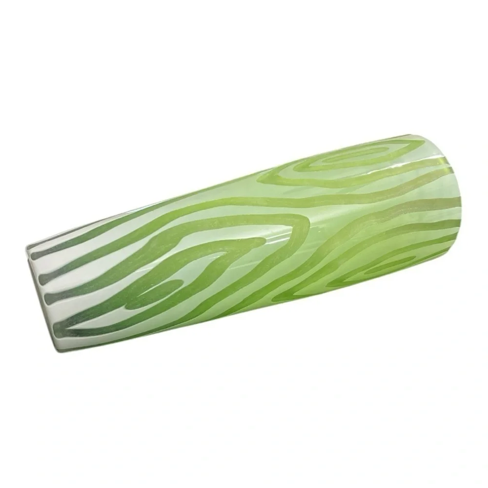 Vintage 1960s Green White Zebra Stripe Cased Art Glass Vase 12